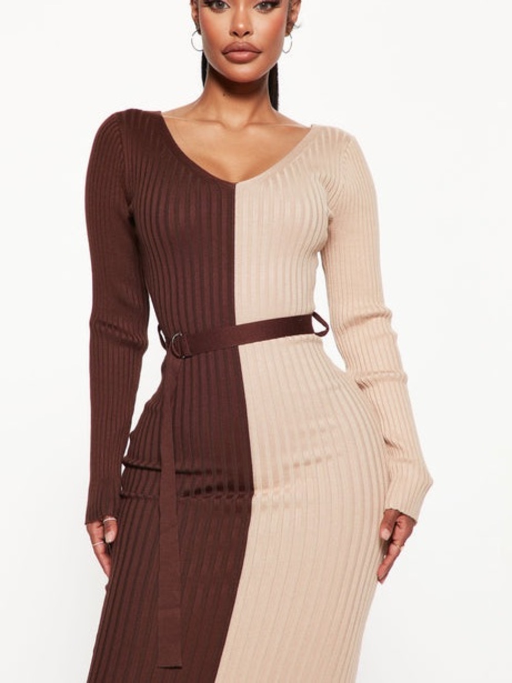 Autumn Vibes -  Two-Tone Asymmetrical Ribbed Wrap Dress in Brown and Tan - Picture 5 of 8